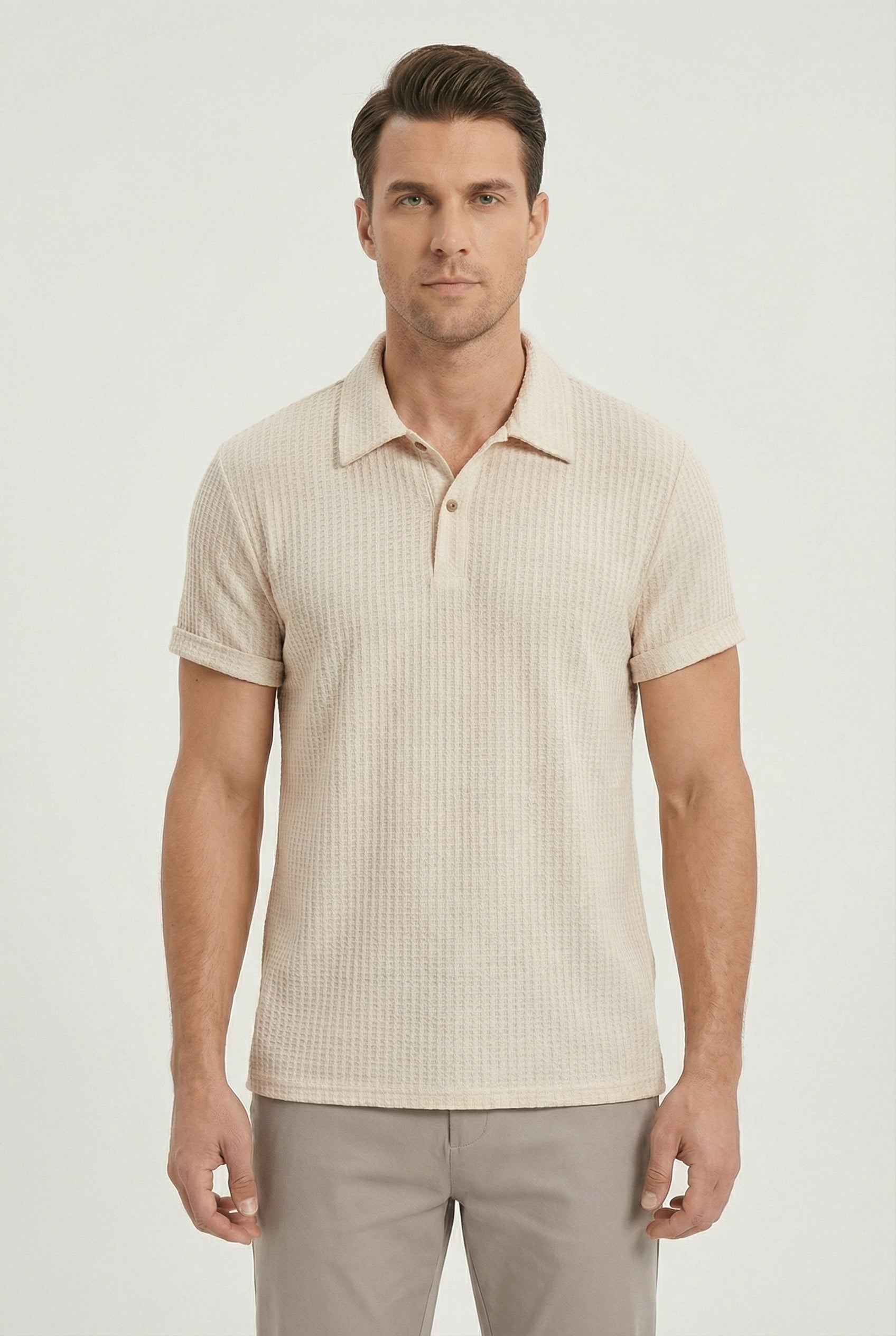 Men's Polo Shirt Waffle Knit Breathable Fabric Relaxed Fit Button Closure 0