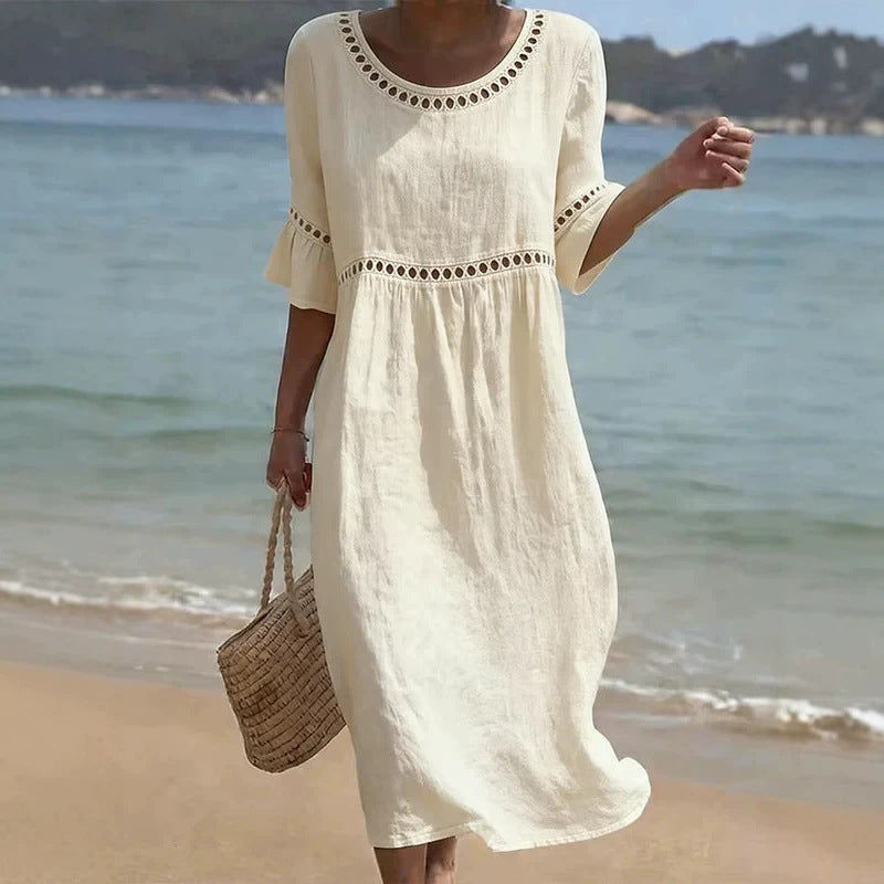 Women's Linen Midi Dress Hollow Out Flared Sleeve Round Neck Beach Casual – Zasuna
