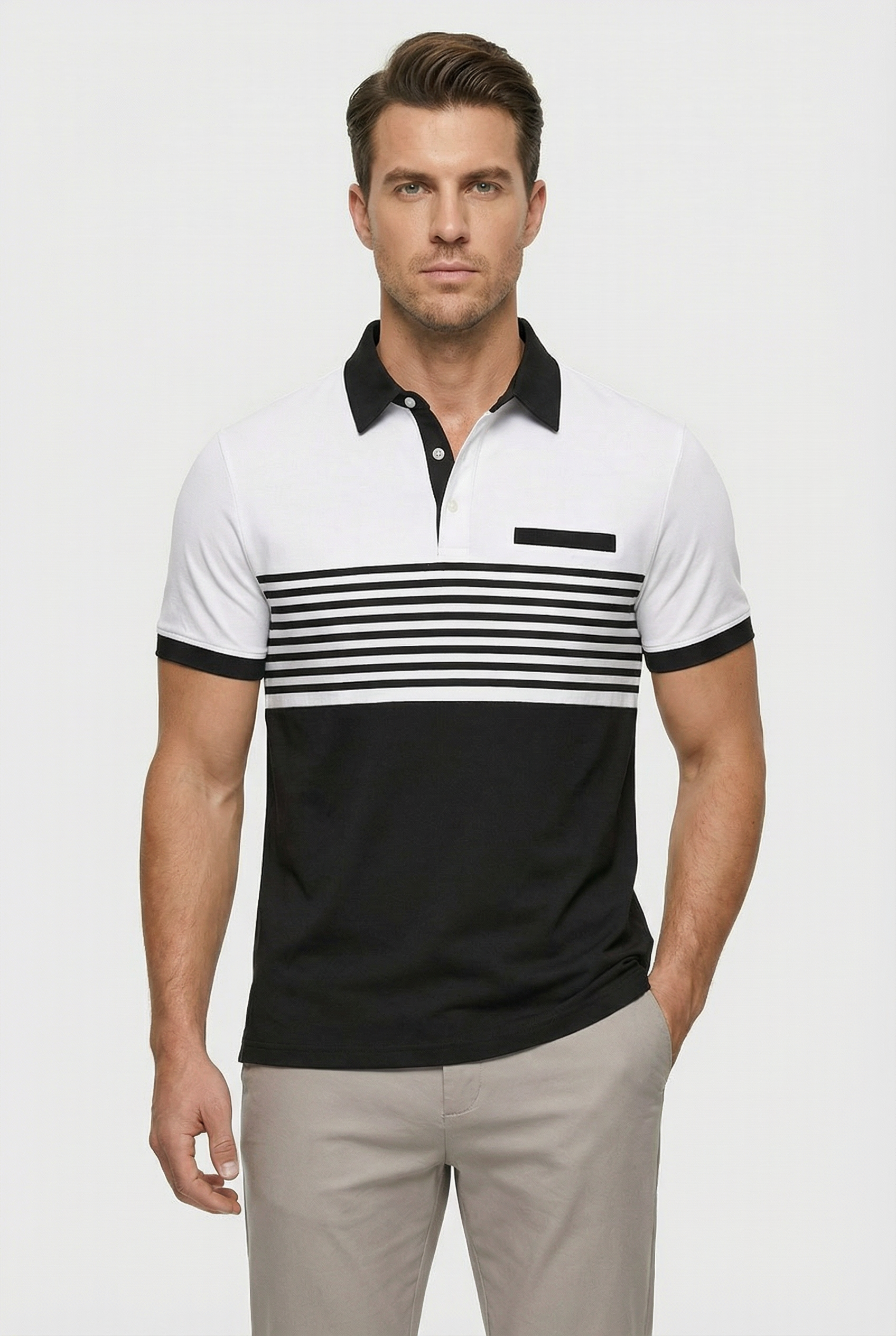 Men’s Short Sleeve Polo Shirt in Cotton with Stripe Detail